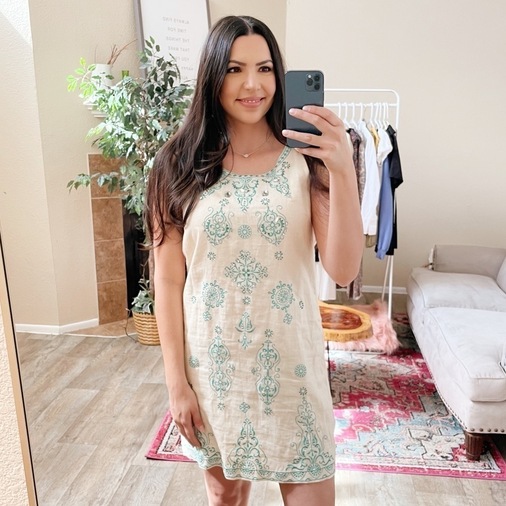 Linen Embroidered Sheath Rhinestone Dress